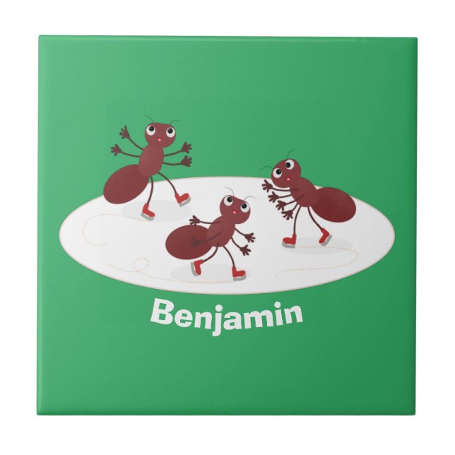 Happy red ants ice skating cartoon tile (Front)