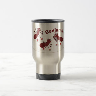 Happy red ants ice skating cartoon travel mug