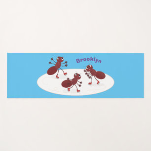 Happy red ants ice skating cartoon yoga mat