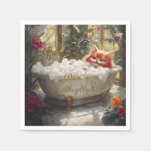 Happy Red Cat In Luxury Bath - Kids Birthday Party Napkin