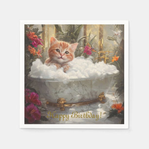 Happy Red Cat In Luxury Bath - Kids Birthday Party Napkin