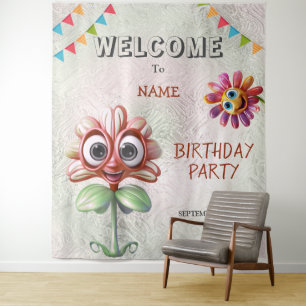 Happy Red Flowers Birthday Party Backdrop Tapestry