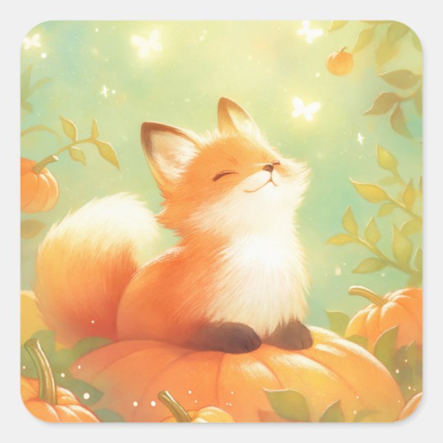 Happy Red Fox Sitting on Pumpkin Autumn Square Sticker (Front)