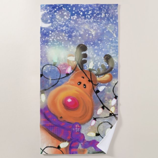 Happy Reindeer Christmas Beach Towel (Front)
