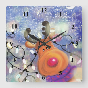 Happy Reindeer - Christmas Square Wall Clock