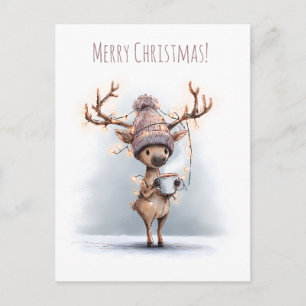 Happy reindeer holds hot mug, Christmas Postcard