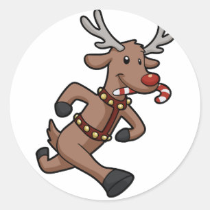 Happy Reindeer Runs cartoon   choose back colour Classic Round Sticker