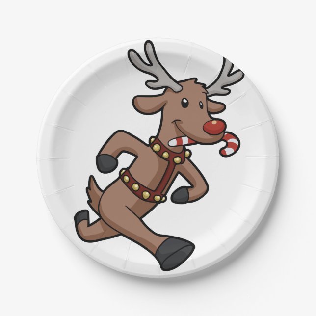 Happy Reindeer Runs cartoon | choose back colour Paper Plate (Front)