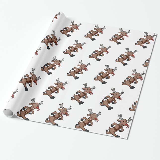 Happy Reindeer Runs cartoon | choose back colour Wrapping Paper (Unrolled)