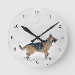 Happy Rescue German Shepherd Dog in Snow Round Clock