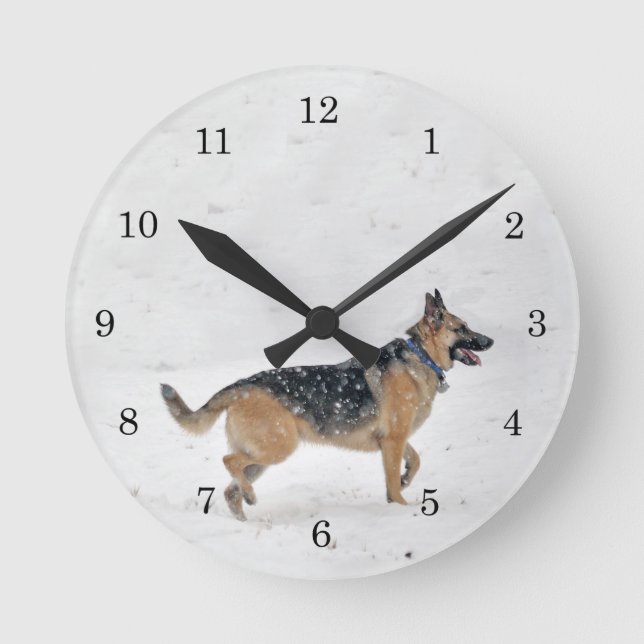 Happy Rescue German Shepherd Dog in Snow Round Clock (Front)