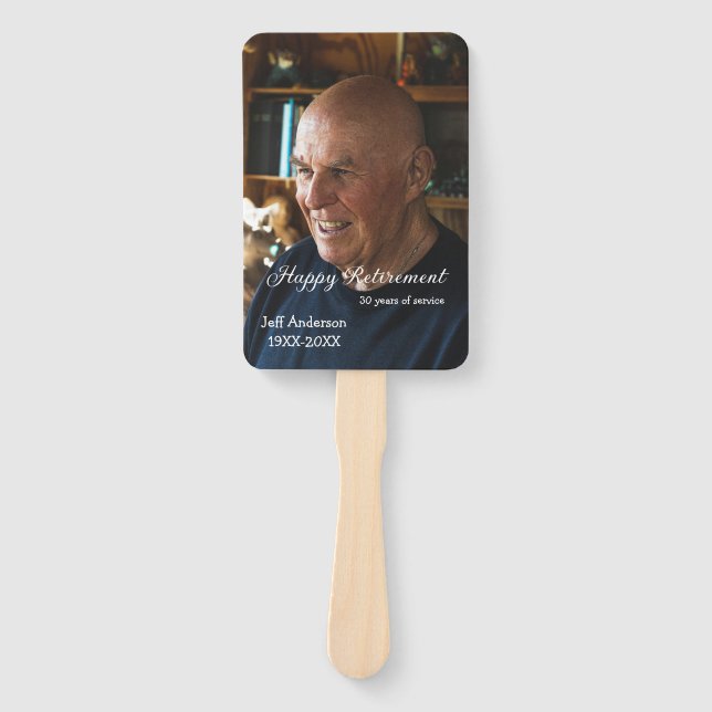 Happy retirement add name photo years of service r hand fan (Front)
