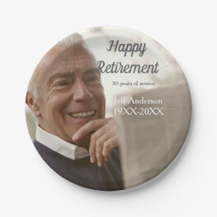 Happy retirement add name photo years of service r paper plate