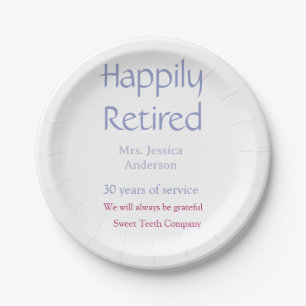 Happy retirement add name years of service purple paper plate