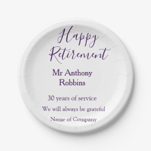 Happy retirement add name years of service retired paper plate