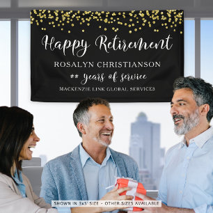 Happy Retirement Black Gold Confetti Script Banner