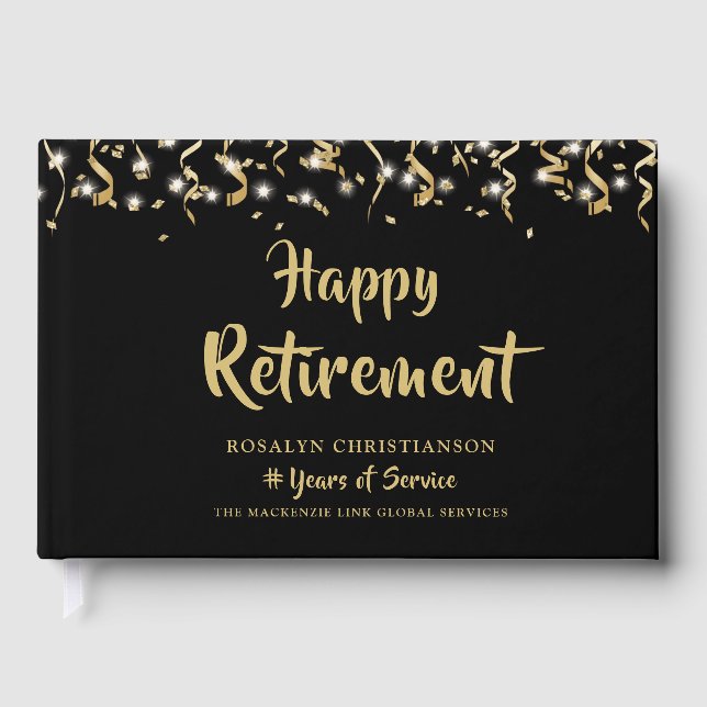 Happy Retirement Black Gold Confetti Streamers Guest Book (Front)