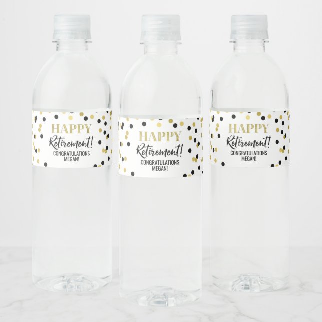 Happy Retirement Black Gold Confetti Water Bottle Label (Bottles)