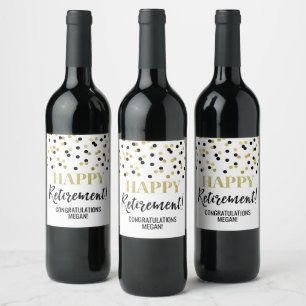 Happy Retirement Black Gold Confetti Wine Label