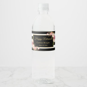 Happy Retirement Black White Stripes Floral Water Bottle Label