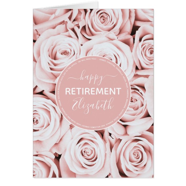 Happy Retirement blush pink floral script name (Front)