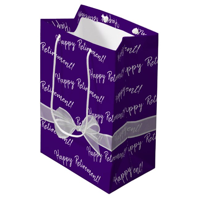Happy Retirement Bow on Purple Medium Gift Bag (Front Angled)