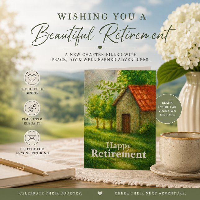 Happy Retirement Card | Peaceful Cottage Landscape (Peaceful countryside retirement card celebrating a beautiful new chapter with warmth and elegance)