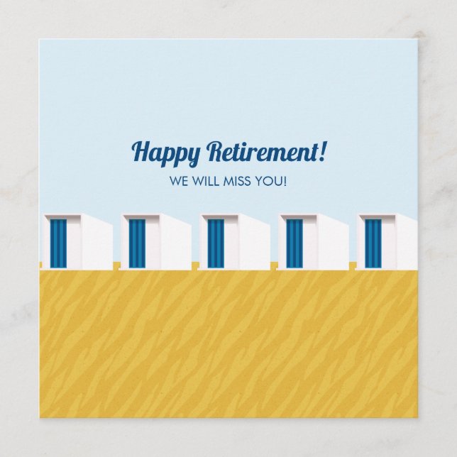 Happy retirement card with beach cabins and sand (Front)