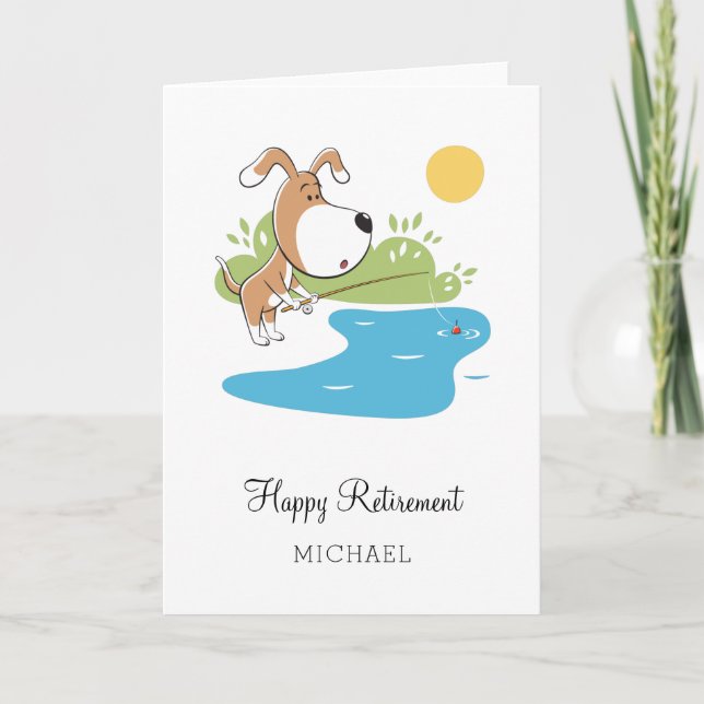 Happy Retirement Cartoon Cute Dog Puppy Fishing Card (Front)