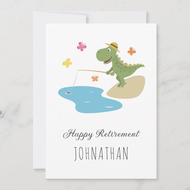 Happy Retirement Cartoon Dinosaur Fishing Card (Front)