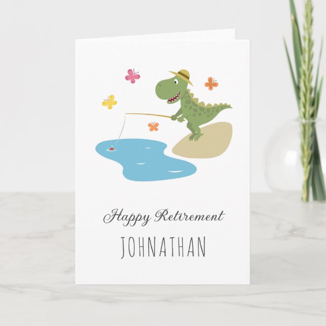 Happy Retirement Cartoon Dinosaur Fishing Card (Front)