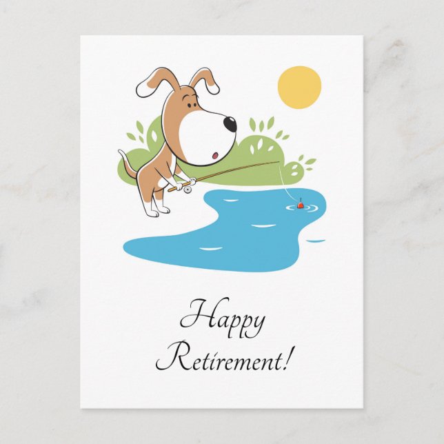 Happy Retirement Cartoon Dog Puppy Fishing Angler Holiday Postcard (Front)