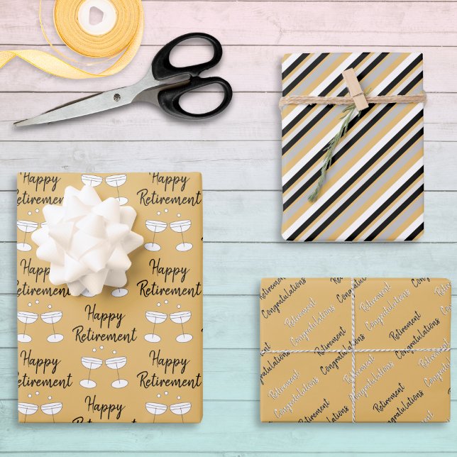 Happy Retirement Congratulations Patterned Set 3 Wrapping Paper Sheet (A set of 3 sheets of wrapping paper with a retirement theme)