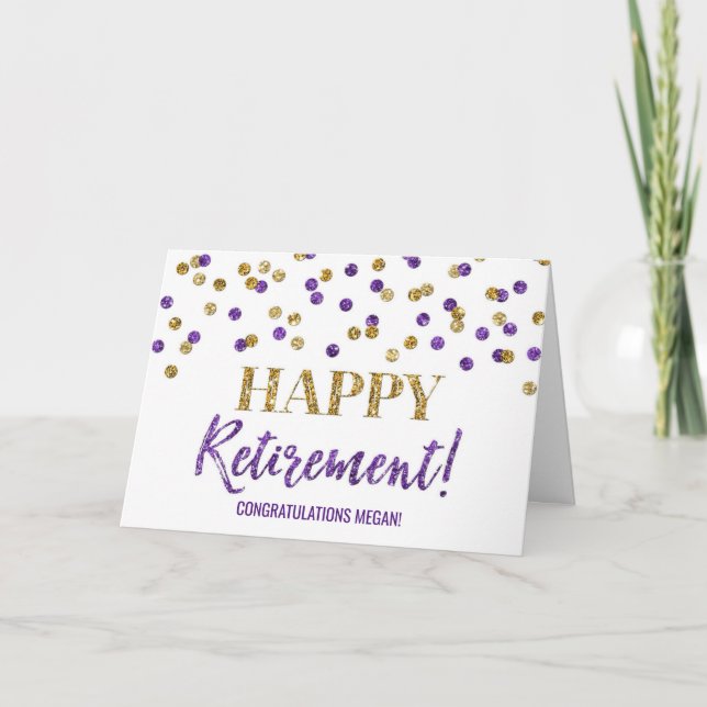 Happy Retirement Congratulations Purple Gold Dots Card (Front)
