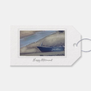 Happy retirement Cornish fishing boat on beach Gift Tags