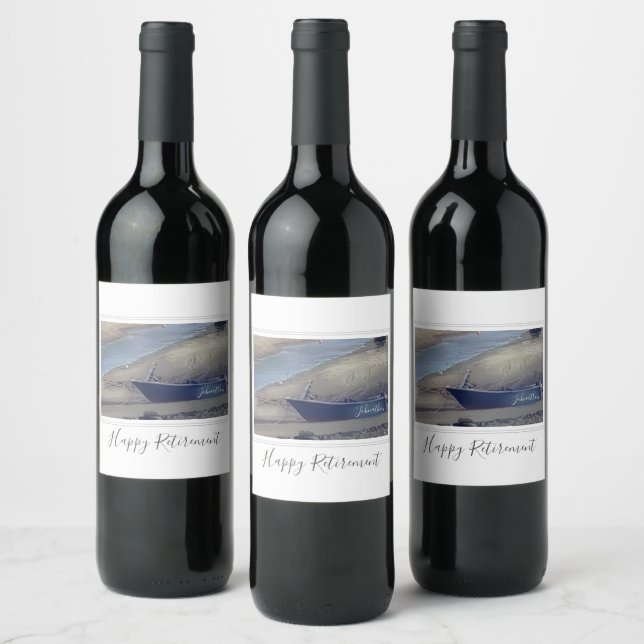 Happy retirement Cornish fishing boat on beach Wine Label (Bottles)