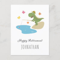 Happy Retirement Cute Cartoon Dinosaur Fishing