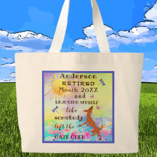 Happy Retirement Cute Dancing Dog Jumping with Joy Large Tote Bag