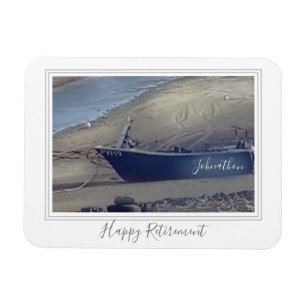 Happy retirement fishing boat on beach magnet