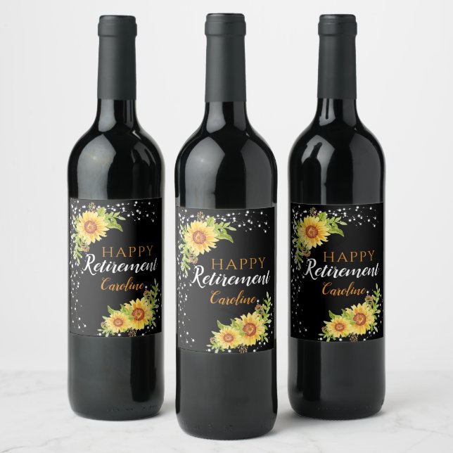 Happy Retirement Floral Sunflower Black  Wine Label (Bottles)