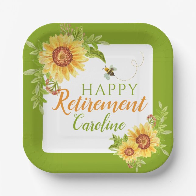 Happy Retirement Floral Sunflower  Paper Plate (Front)