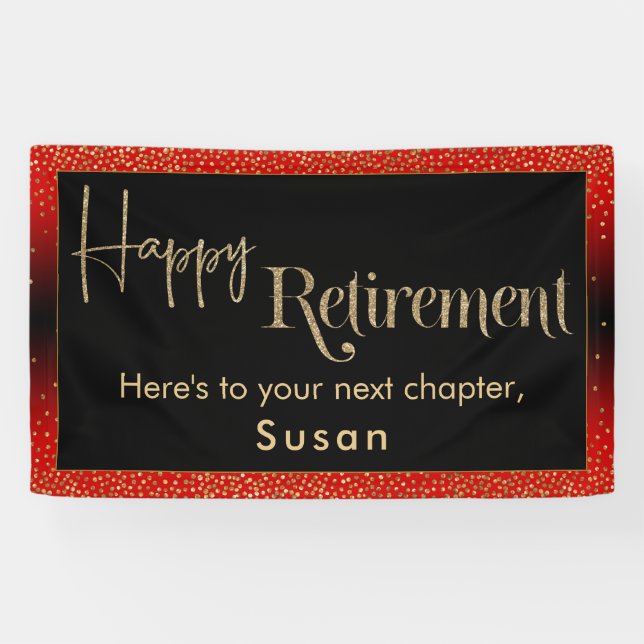 Happy Retirement Gold Confetti, Bright Red Banner (Horizontal)