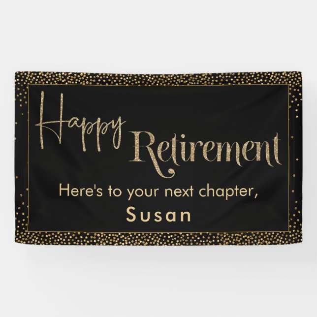Happy Retirement Gold Glitter Confetti on Black Banner (Horizontal)