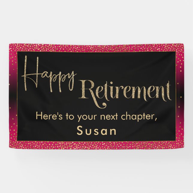 Happy Retirement Gold Glitter Confetti Raspberry Banner (Horizontal)