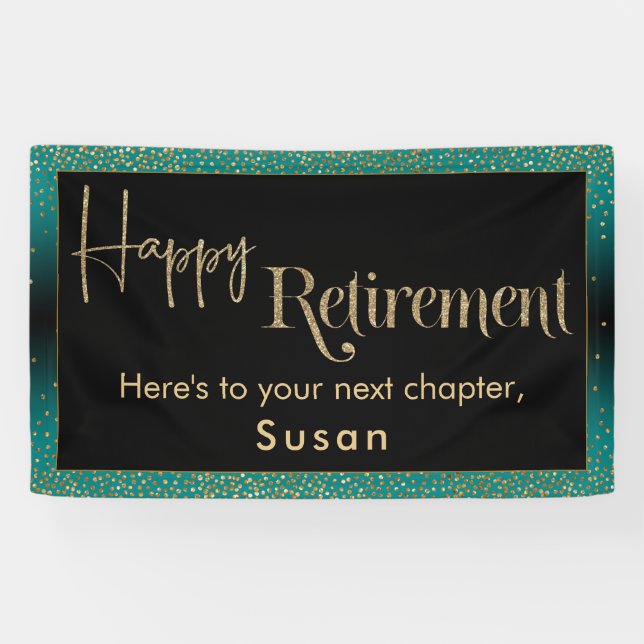 Happy Retirement Gold Glitter Confetti Teal Ombre Banner (Horizontal)