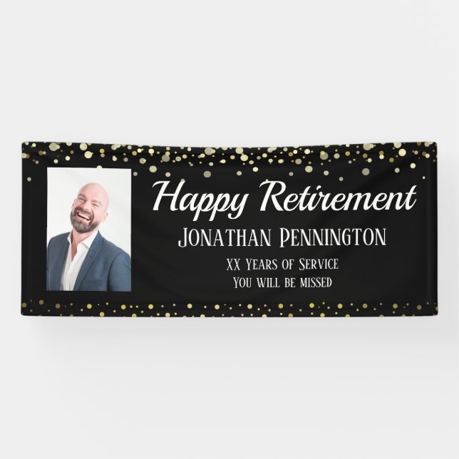 Happy Retirement Gold with Confetti One Photo Bann Banner (Horizontal)