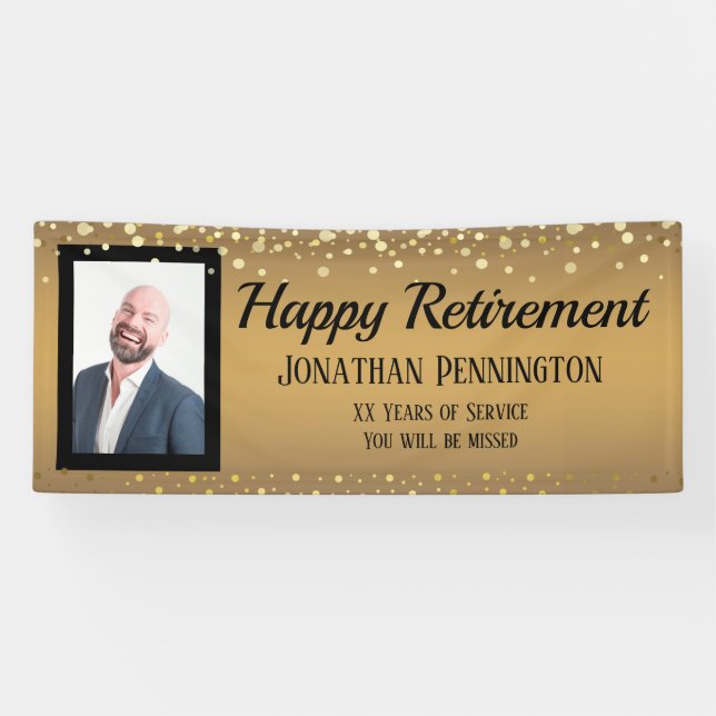 Happy Retirement Gold with Confetti One Photo Banner (Horizontal)