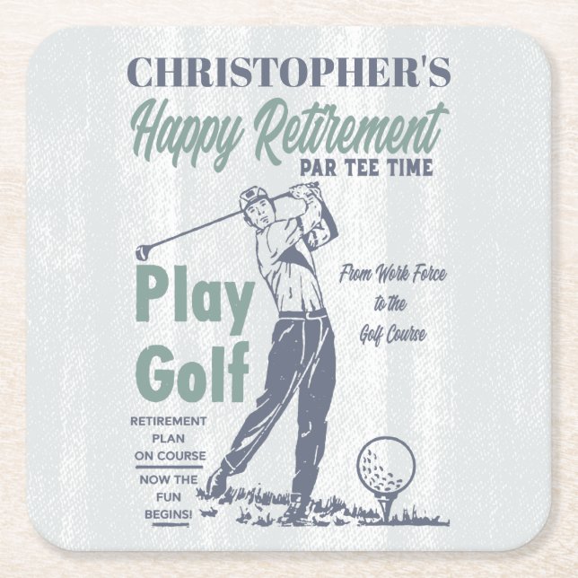 Happy Retirement Golfer Theme Retro Golf Square Paper Coaster (Front)
