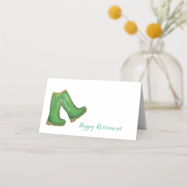 Happy Retirement green gardening welly boot Place Card (Front)