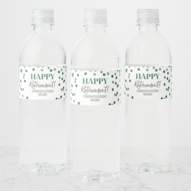 Happy Retirement Green Silver Confetti Water Bottle Label (Bottles)